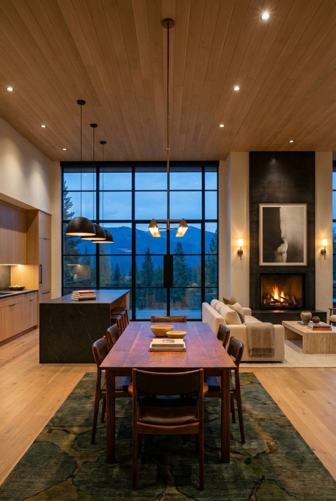 A light-filled great room with warm oak ceiling, steel windows, and a quiet fireplace