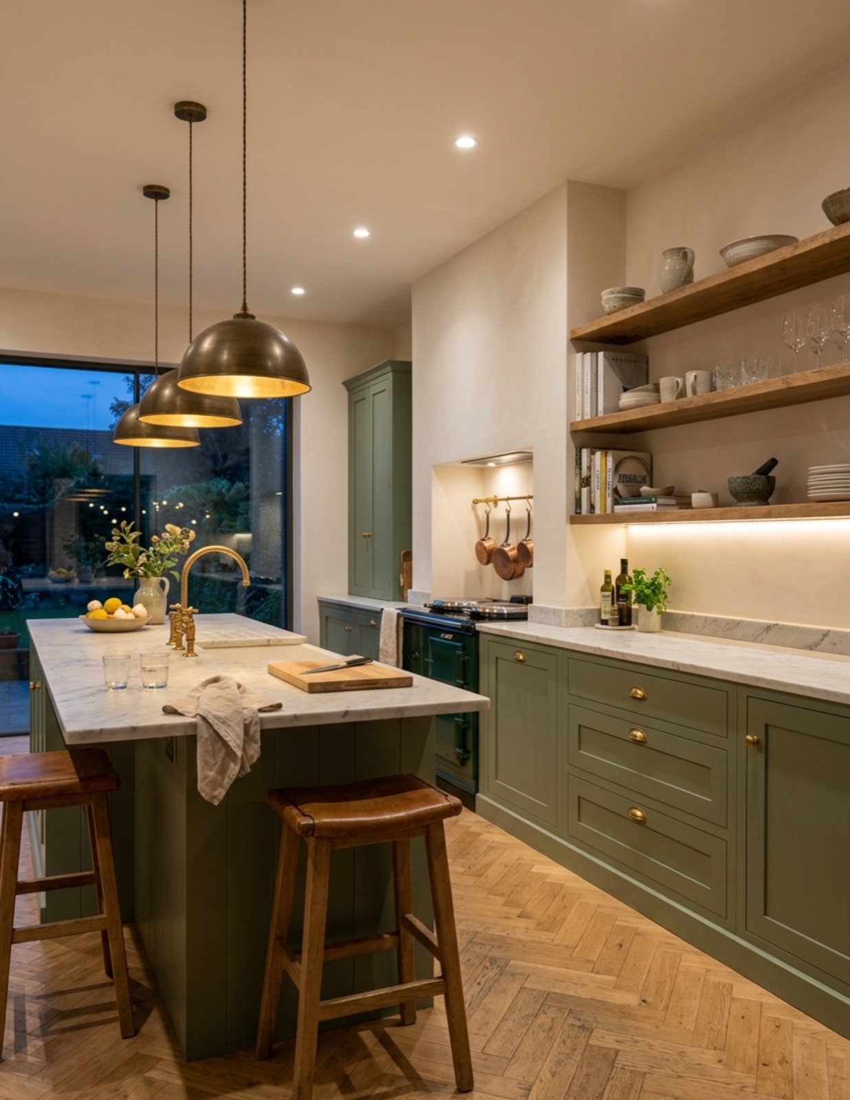 A sage-green kitchen with brass fittings, marble counters, and herringbone oak floors at dusk